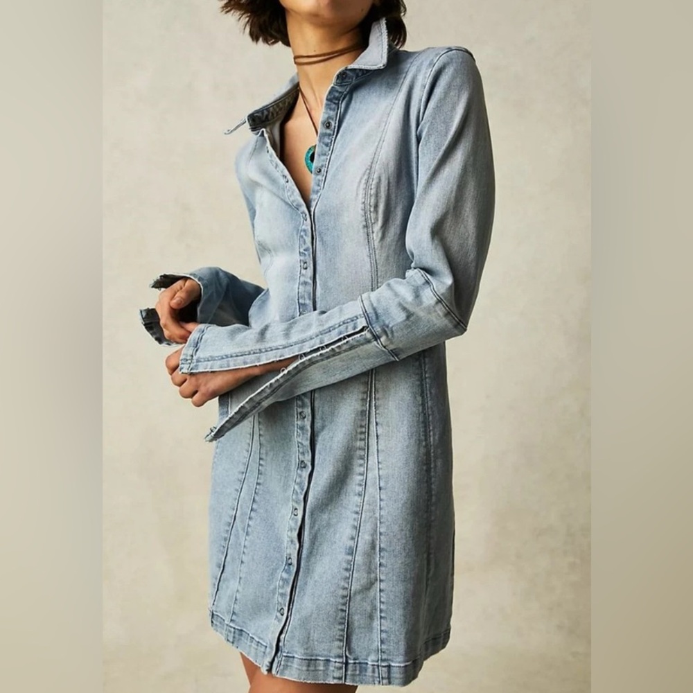 Free People Thea Blue Denim Long Bell Sleeve Mini Dress Size Small